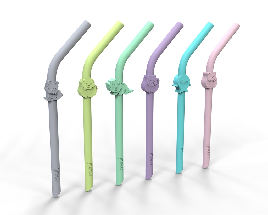 Silicone Straws 6 Pack  w. Cleaning Brush